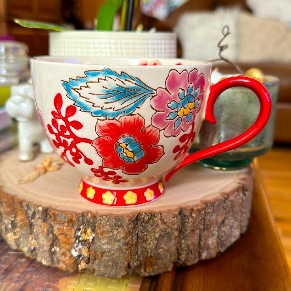 Grace's Teaware Coffee Tea Cup Mug Embossed Red and Pink Flowers Blue Leaves